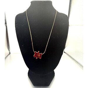 Title: Vintage Red Enamel Teddy Bear Pendant Necklace – Gold-Tone Chain – Cute H